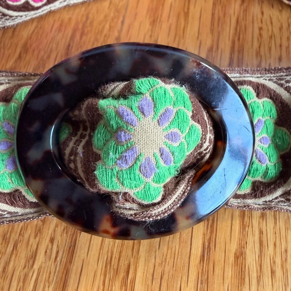 Hadley Pollet Embroidered Floral Fabric Belt Tortoiseshell Buckle Reversible OS